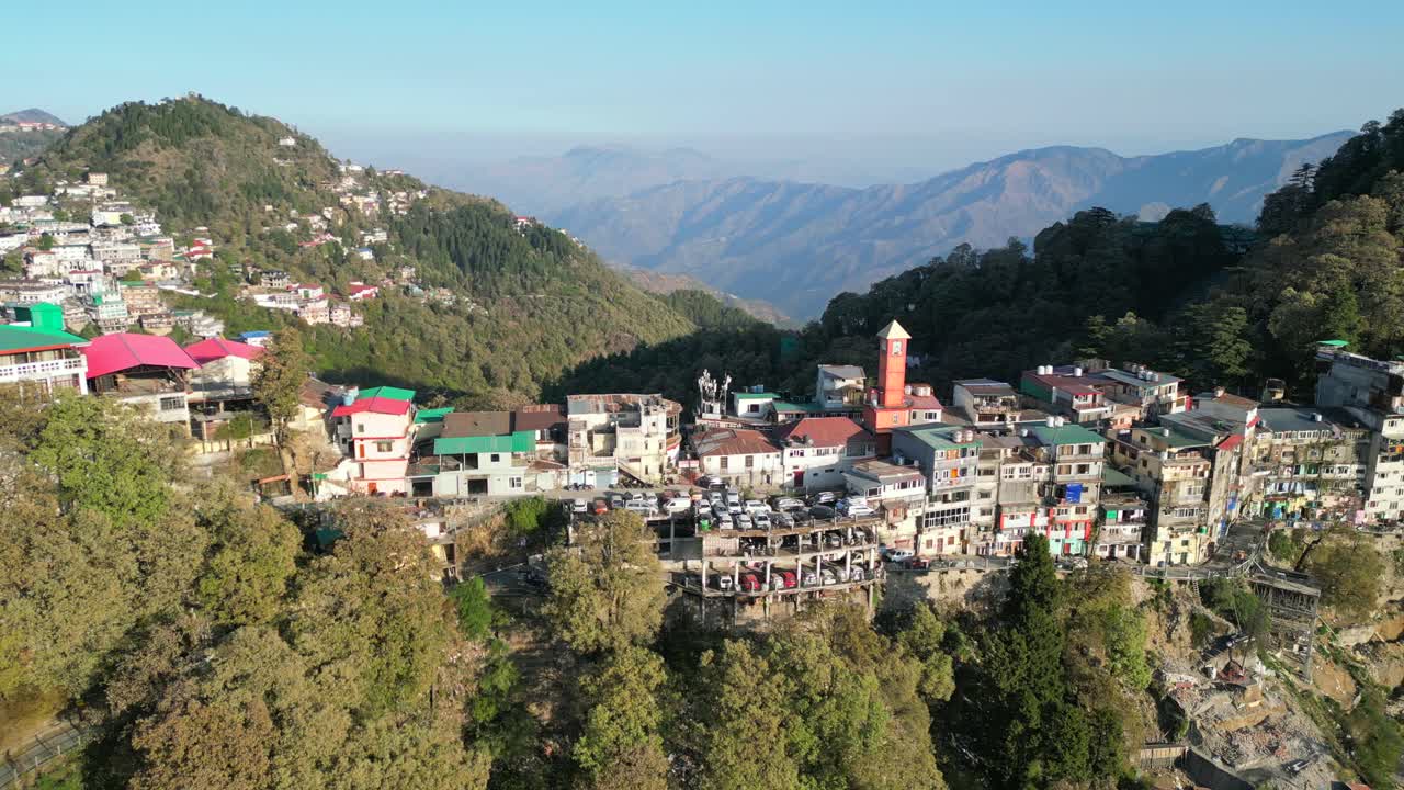 colorful buldings on hills in mussoorie drone view in india