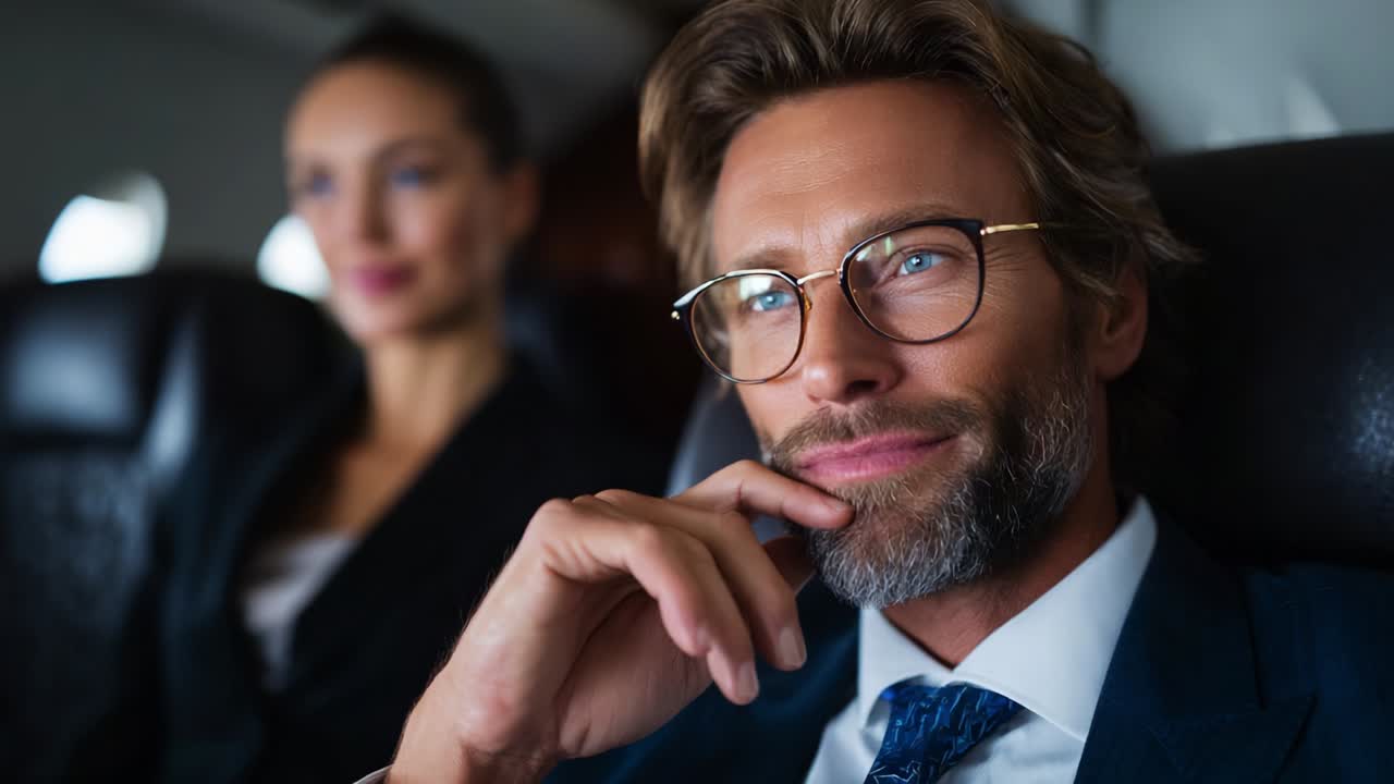 Elegantly Dressed Man in First-Class Airplane Seat Engaged in Thoughtful Reflection While Traveling Alongside a Confident Colleague, Capturing the Essence of Professional Travel and Modern Business Dynamics