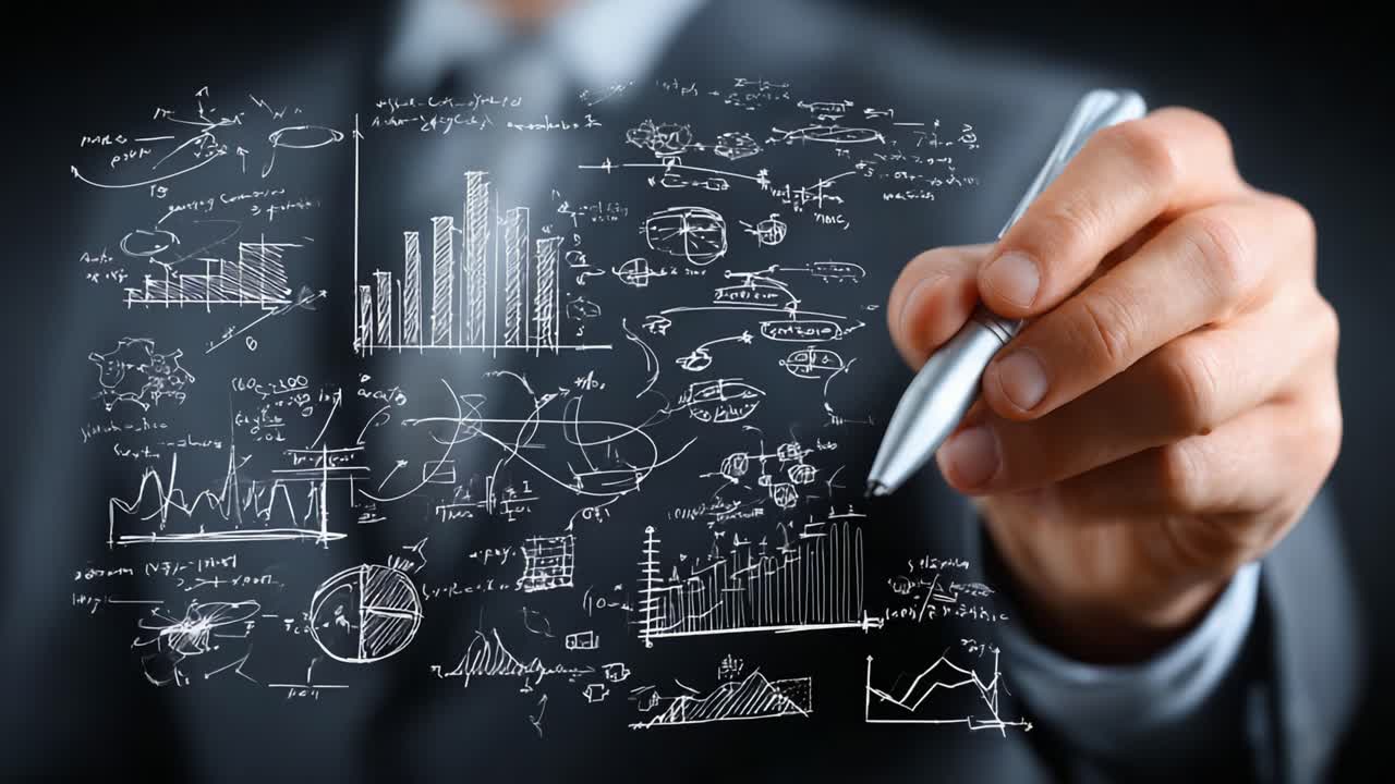 An Analysis of Data Visualizations and Graphs by a Professional in a Suit, Demonstrating Insights and Mathematical Concepts on a Chalkboard-like Canvas
