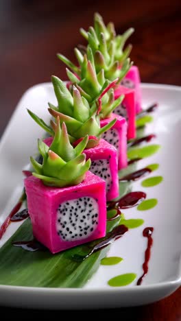 dragon fruit cubes with green spikes on plate