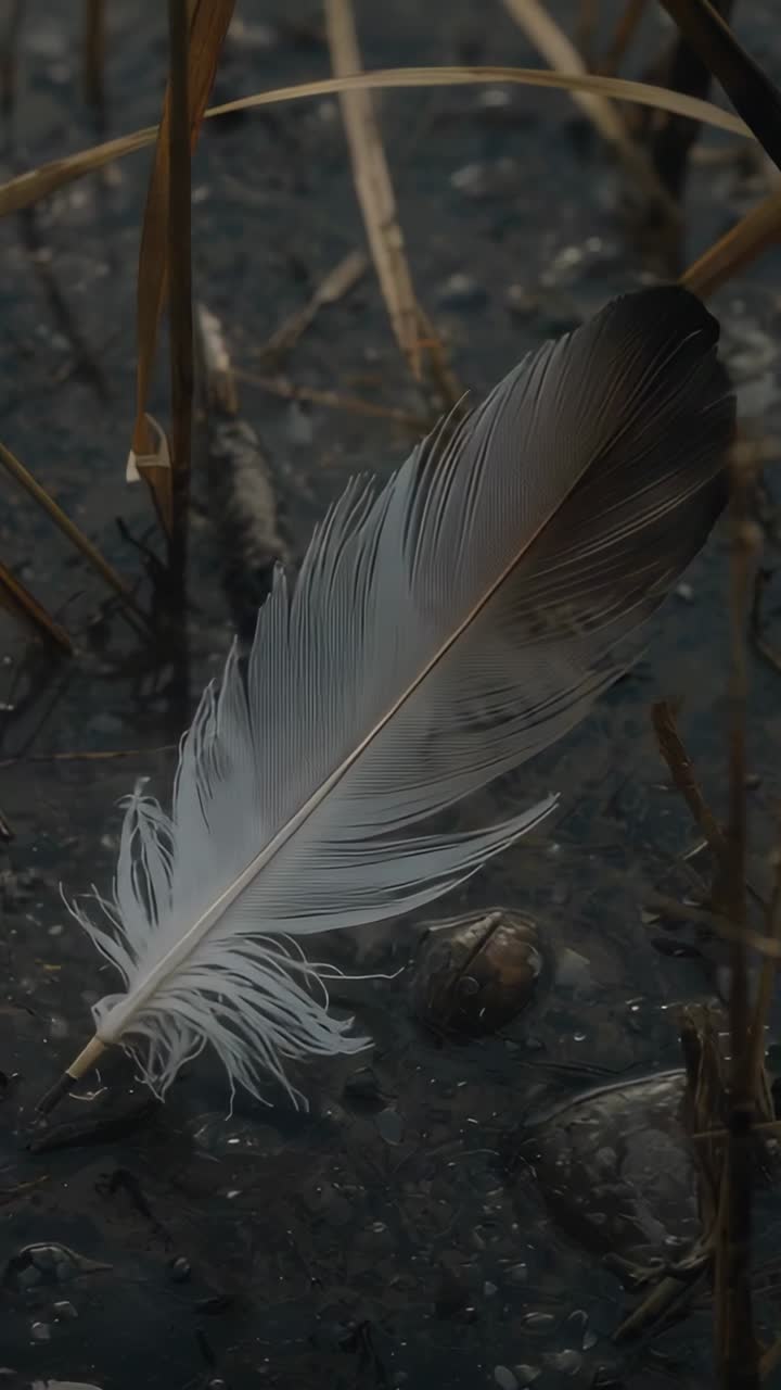 Vertikal video: Skiftende lys og et krybende kamera, en fuglefjer der falder til ro ved marskens kant nær en småsten.