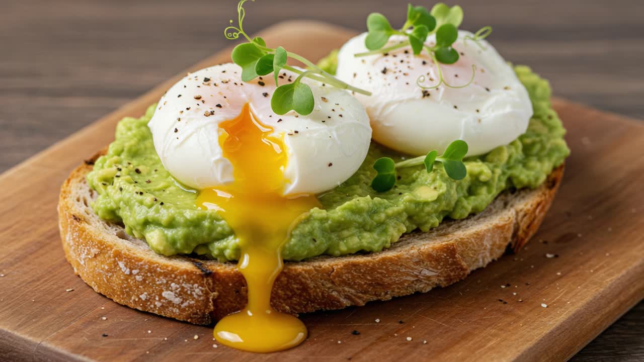 Deliciously Crafted Avocado Toast Topped with Perfectly Poached Eggs Drizzled with Golden Yolk and Garnished with Fresh Microgreens for a Healthy Breakfast