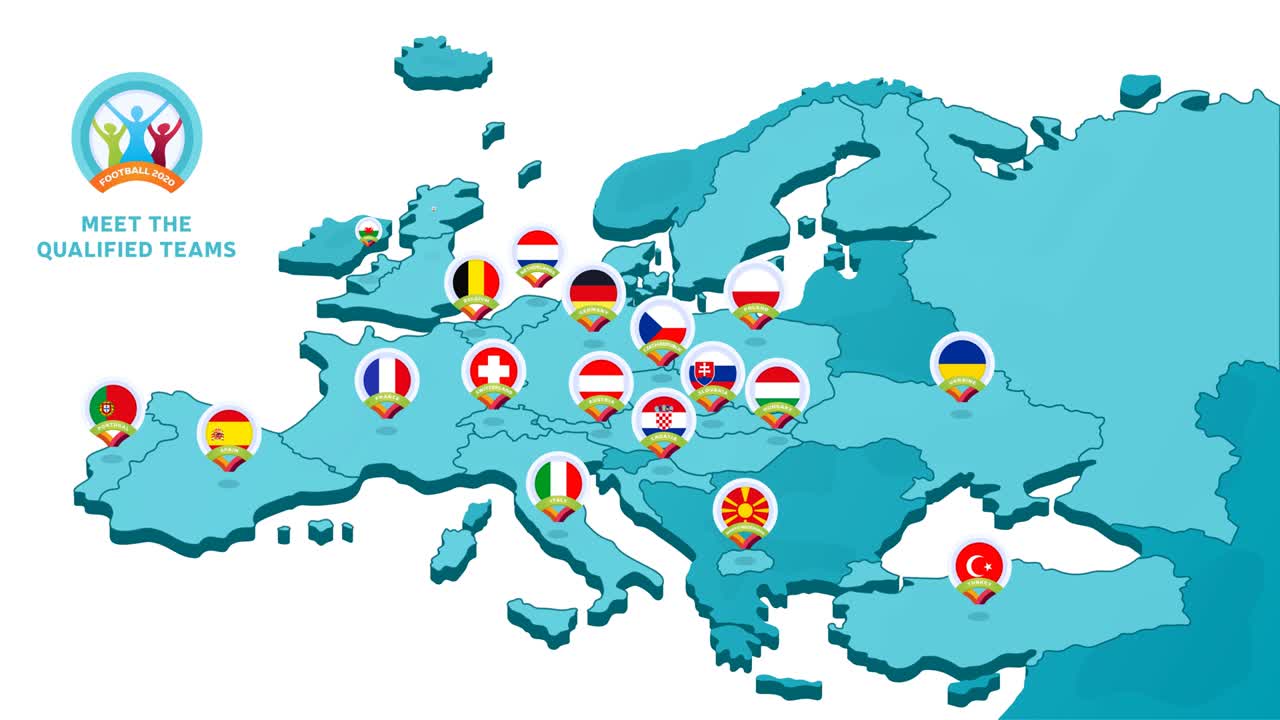 2020 유럽 축구 선수권 대회 애니메이션: 알파 채널 배경에서 최종 단계에 진출한 국가 발을 강조한 유럽 지도와 함께 4k 모션 비디오 일러스트레이션