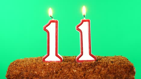 cake with the number 11 lighted candle. chroma key. green screen. isolated