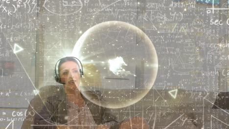 Animation-of-mathematical-drawings-and-equations-over-woman-wearing-phone-headset