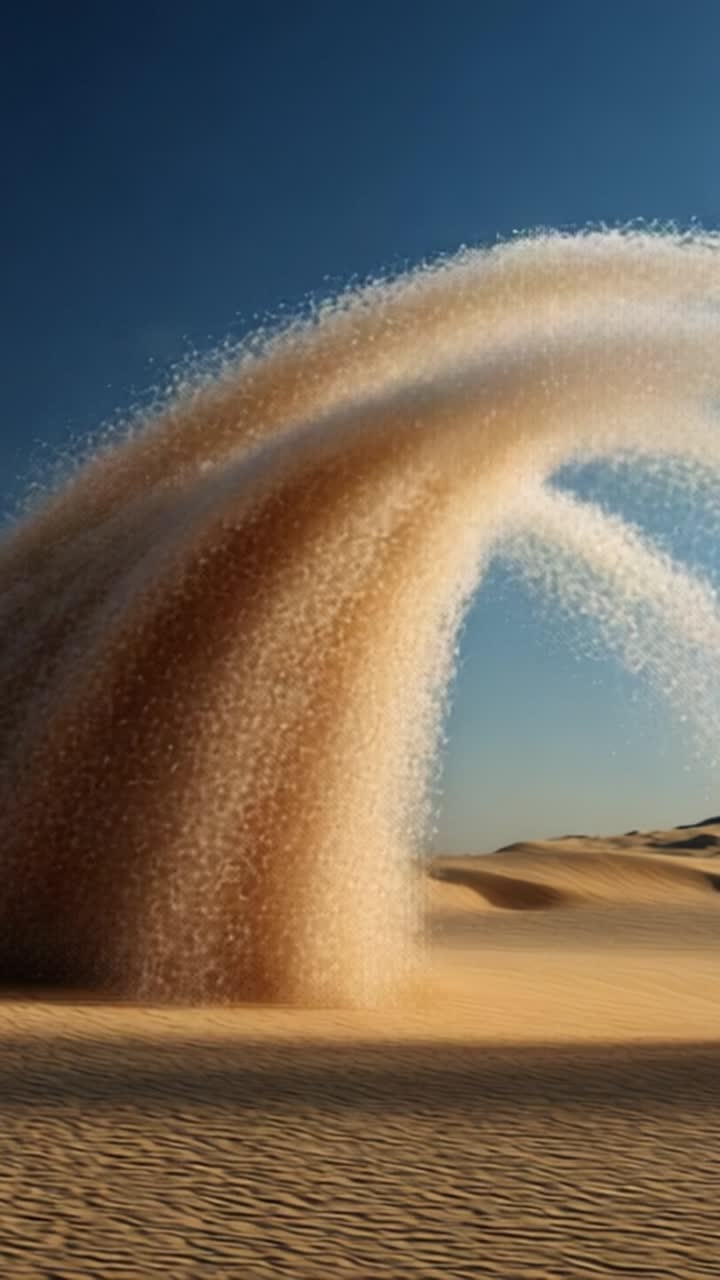 Uno spettacolo ipnotico di particelle di sabbia vorticose forma un'onda incantevole in un vasto paesaggio desertico, catturando la bellezza e il movimento degli elementi della natura