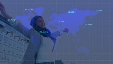 world map with numerical data animation over woman celebrating outdoors