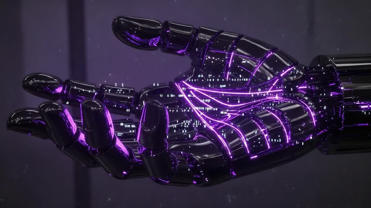 A Stunning Digital Display of a Futuristic Robotic Hand Emitting Glowing Light Patterns, Symbolizing the Fusion of Technology and Humanity in the Digital Age