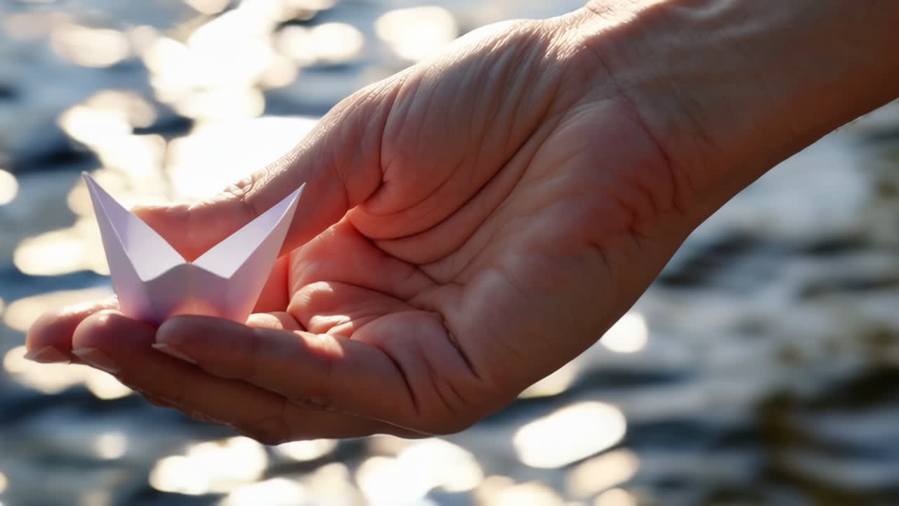 Paper Boat in Hand over Water