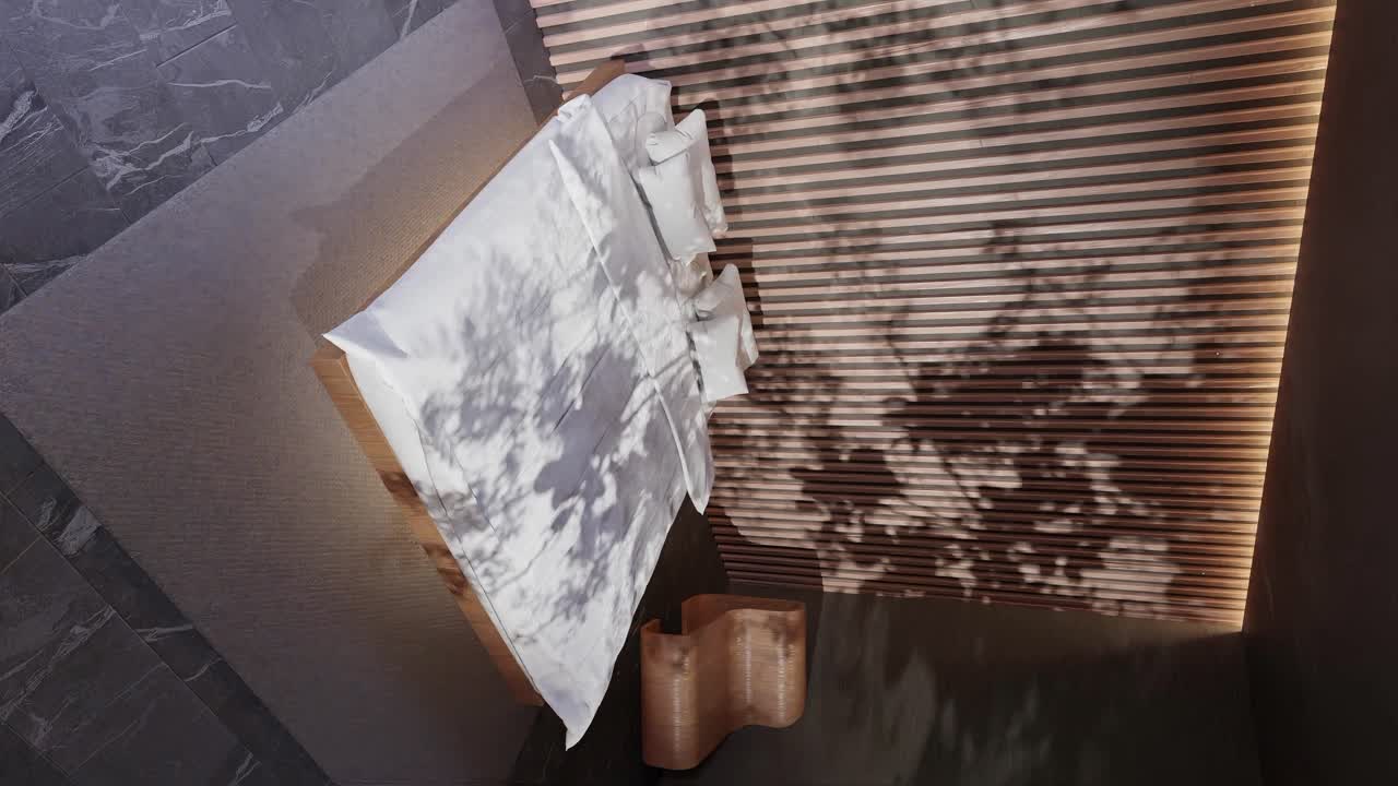 현대적인 아파트 침실 그림자 벽에 식물 나무 부드럽게 여름 바람 바람에 의해 이동 3d 렌더링 애니메이션