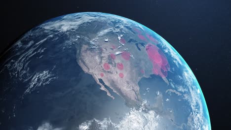 animation of the planet earth spinning around and countries turning red through circles in a blue da