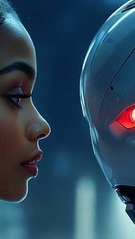 Woman interacts with robot
