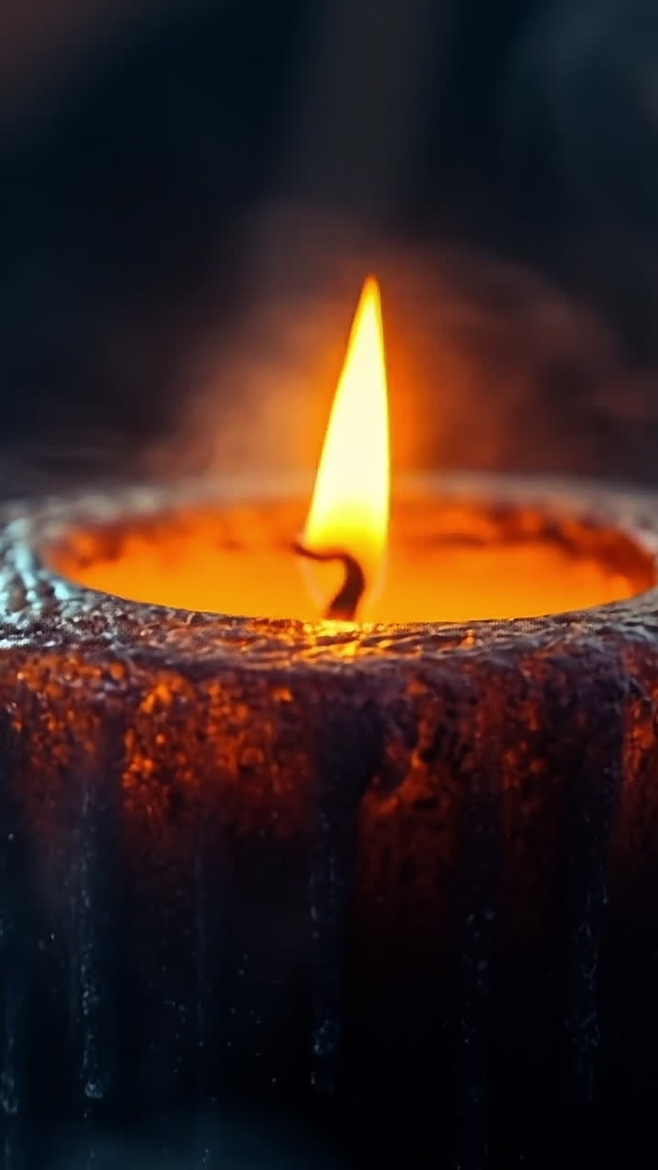 Flickering candle in a dim space. A single candle burns brightly, casting warm light and soft shadows in a darkened area, creating a peaceful ambiance.
