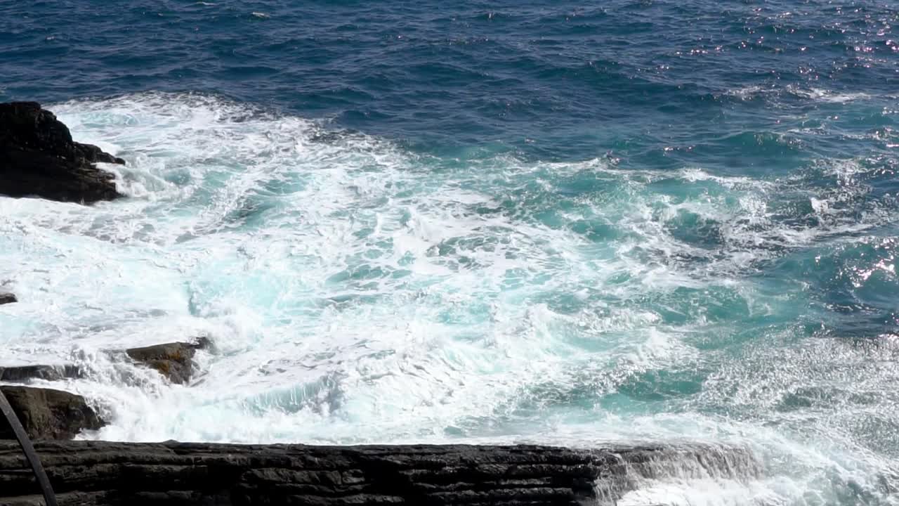 Huge Wave Breaking On Rocks Over Cinque Terre In Liguria, Italy. Slow Motion Shot