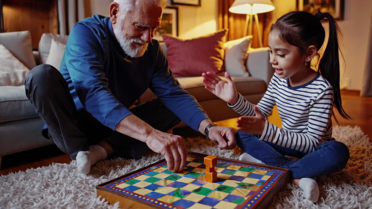 Grandfather and Granddaughter Playing a Board Game