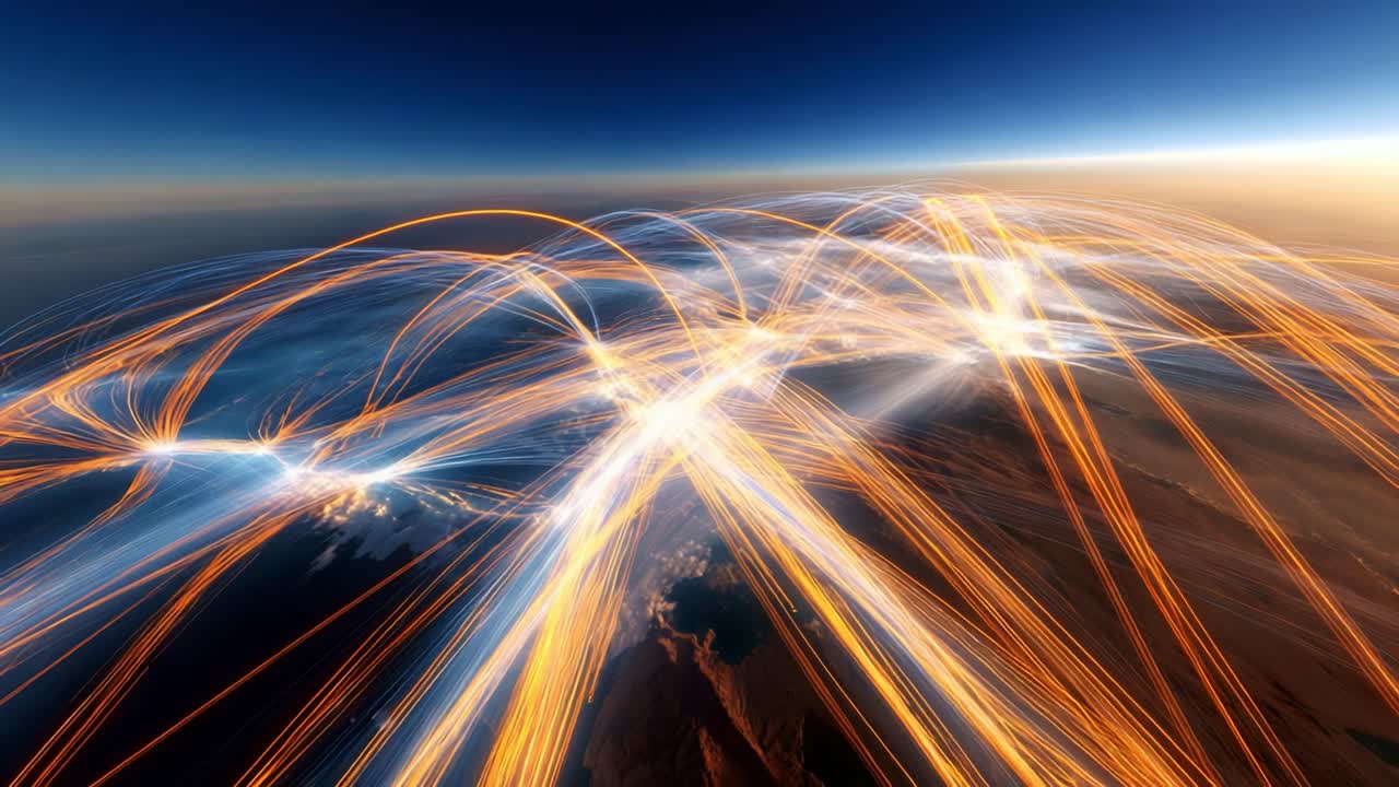 A Stunning Visualization of Light Trails Over Earth, Capturing the Interconnectedness of Global Communications and Travel in a Hypnotic Dance of Colors and Patterns