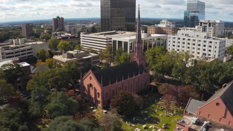 an aerial of first presbyterian church in columbia, south carolina, including the skyline from left to right