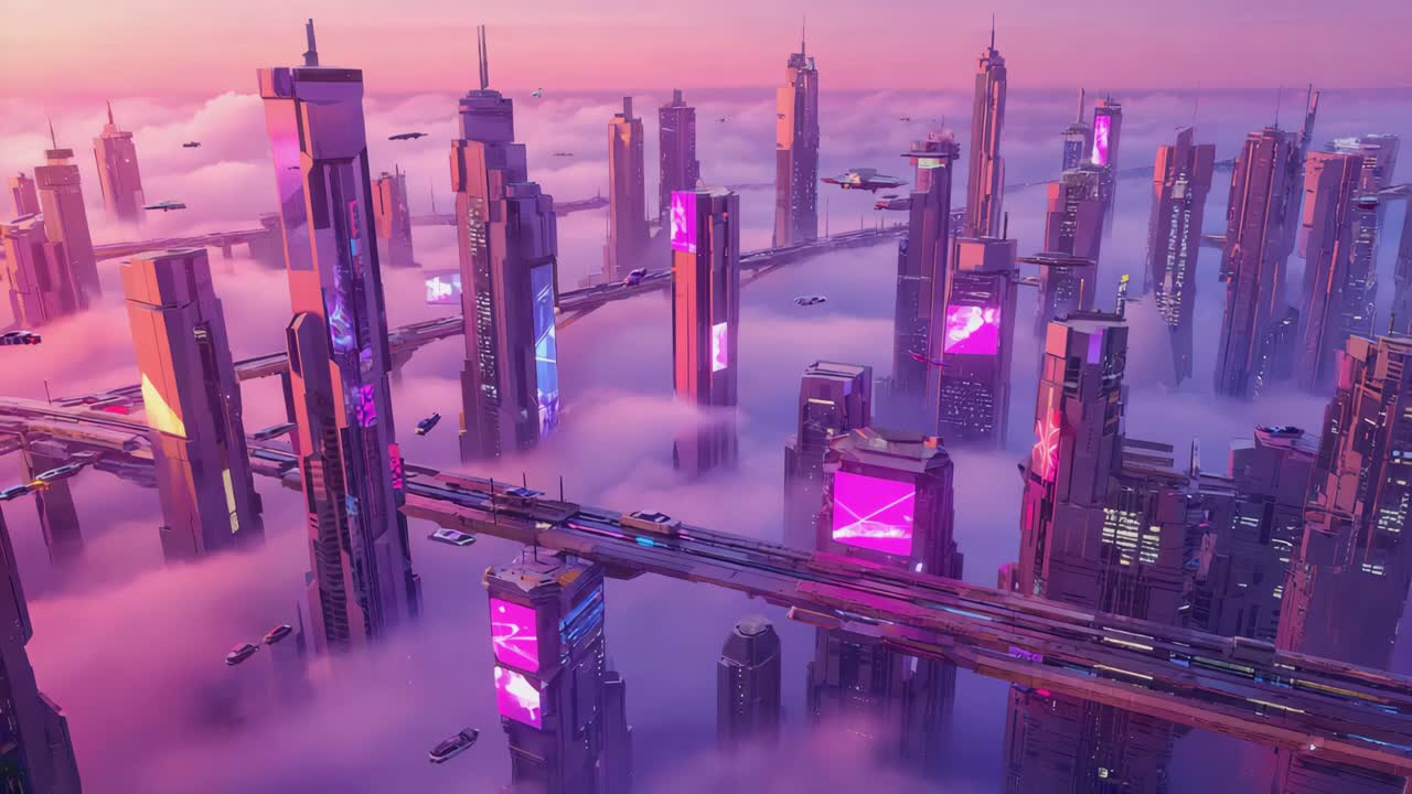 Futuristic cityscape with towering buildings and elevated transportation