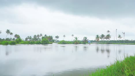 un gran lago está represado para la piscicultura, se han producido inundaciones debido a la lluvia, al cocotero, a la pasarela y al cielo oscuro, tiro panorámico