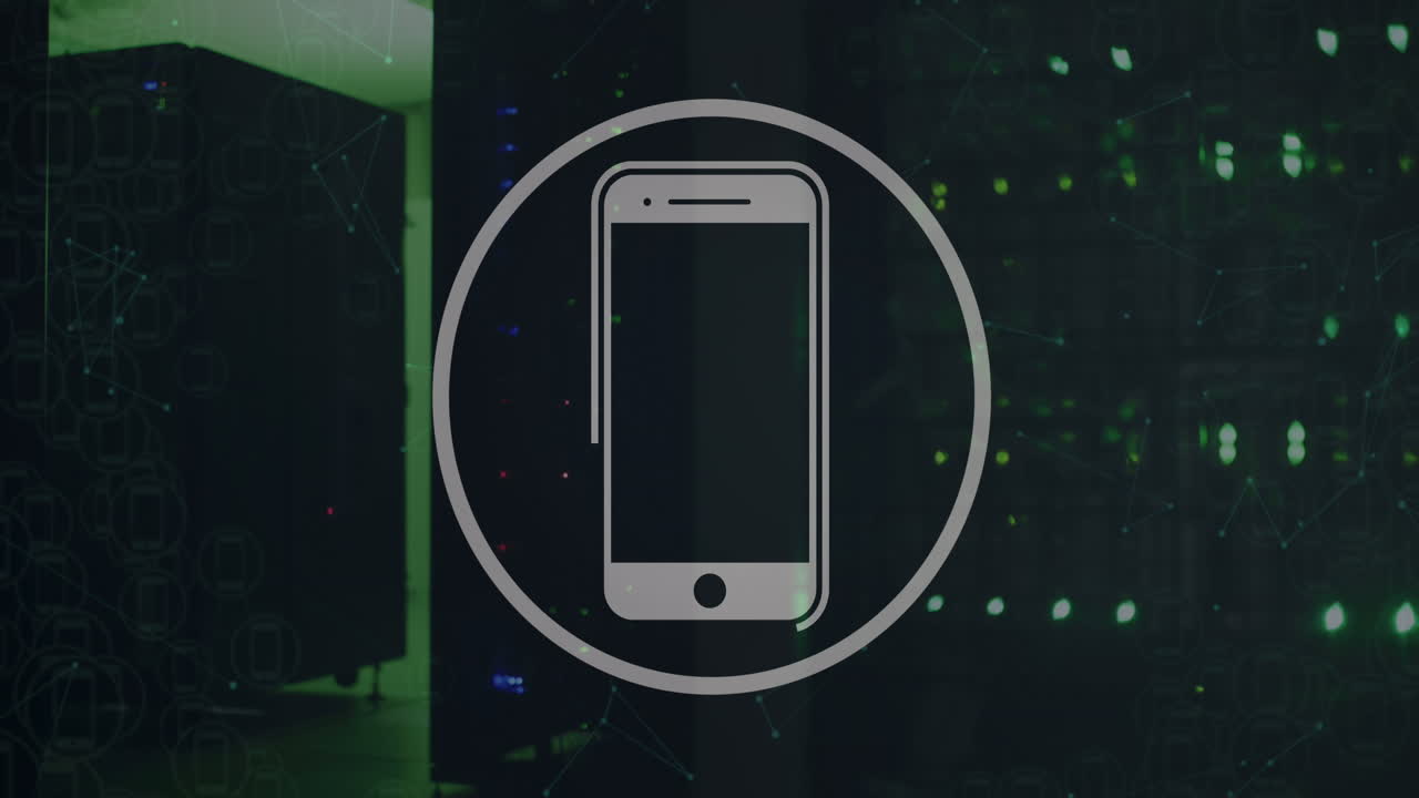 Animation of smartphone icon over black background with green lights