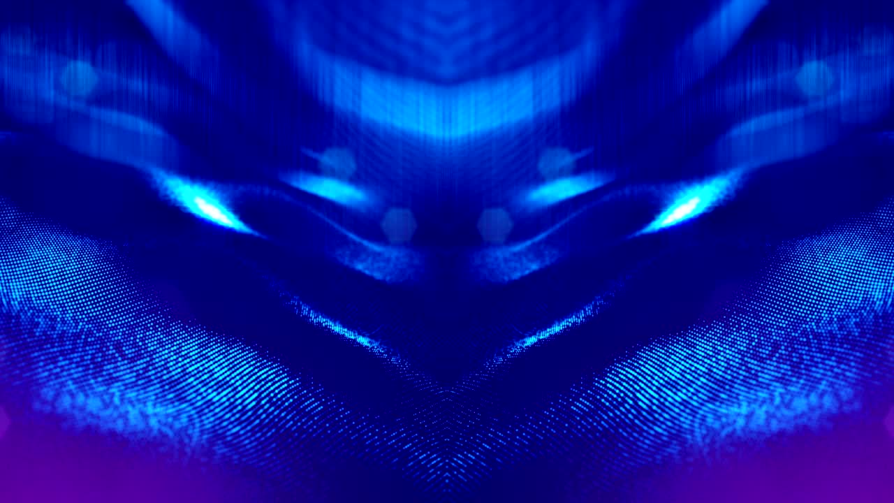 Le particelle formano linee, griglie di superficie o uno spazio virtuale misterioso. Animazione 3D fluida come sfondo digitale di fantascienza di particelle luminose con profondità di campo e bokeh. Fili blu 18