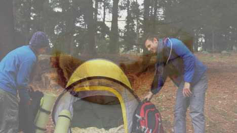 preparing campsite, people with animation of camping gear and backpacks in forest