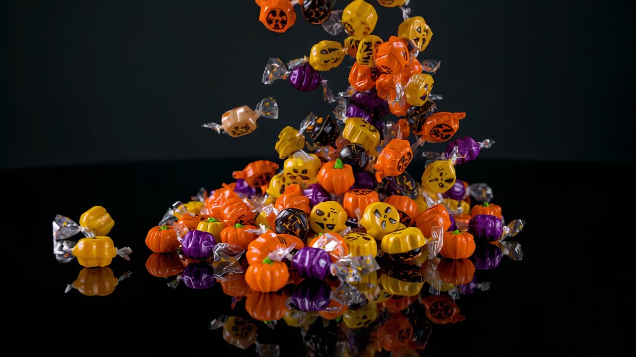 Trickling wrapped pumpkin-shaped candies cascading onto studio tabletop, forming candy pile
