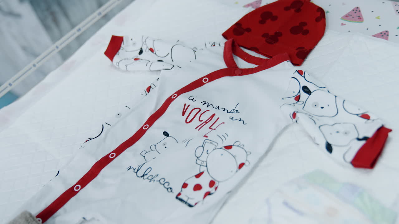 Cute baby bodysuit, red cap and warm socks. Clothes prepared for a newborn baby in hospital.