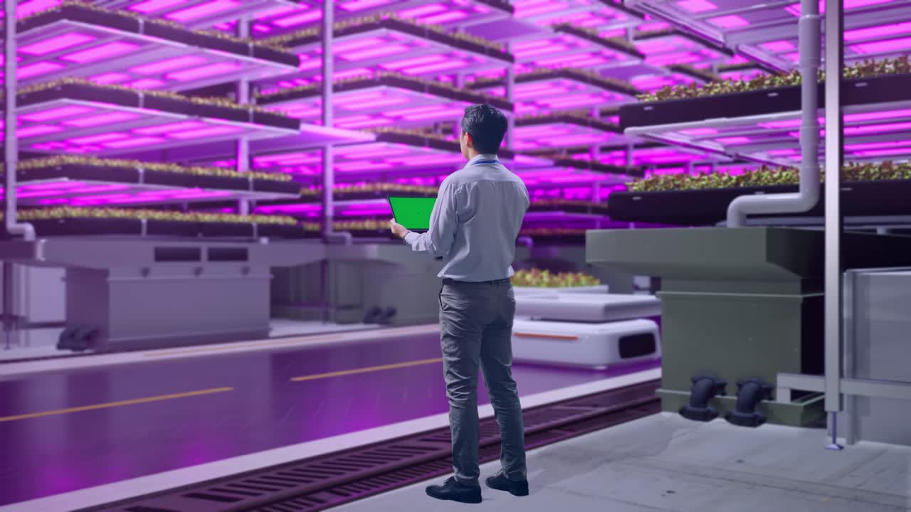 vista trasera del cuerpo completo de un trabajador profesional masculino asiático de pie con una tableta de pantalla verde en una granja vertical, instalación industrial de alta tecnología