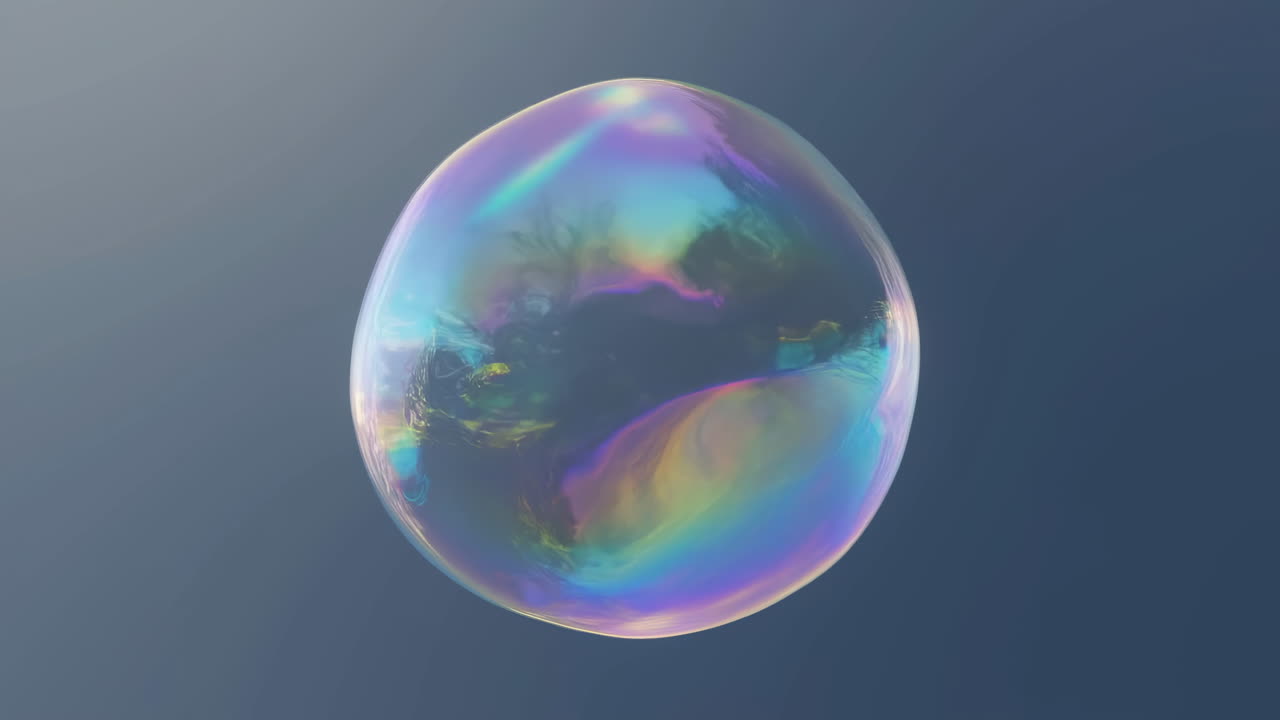 Iridescent Soap Bubble Floating Against Blue Sky, Delicate Film Reflections, Rainbow Sheen, Graceful Rotation,