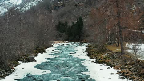 aerial along an icy fast flowing river in the norwegian mountains