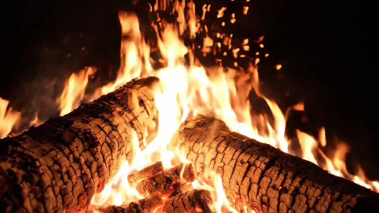 Et fængslende billede af et knitrende lejrbål med brændestykker opslugt af flammer, der udstråler varme og gnister under nattehimlen.