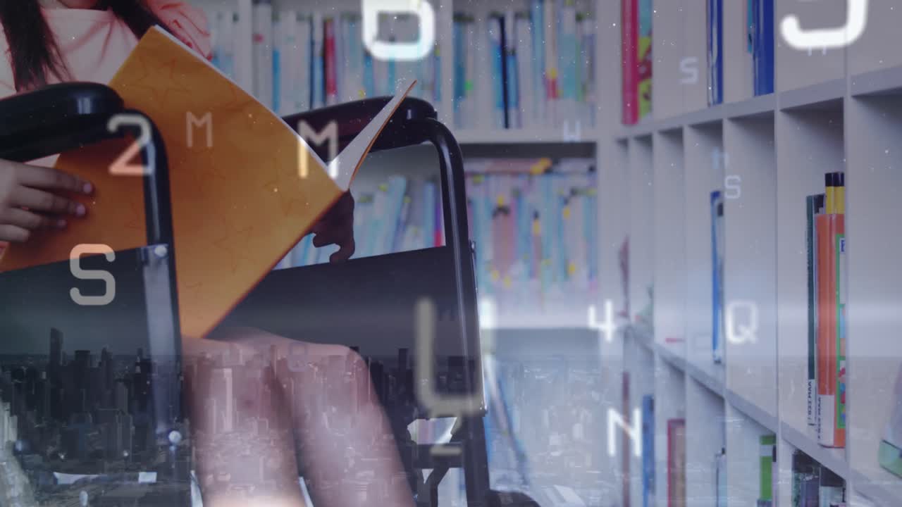 animación de procesamiento de datos sobre una niña biracial discapacitada sentada en silla de ruedas