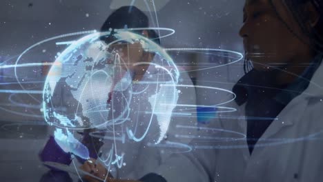animation of network of connections and data processing over laboratory workers