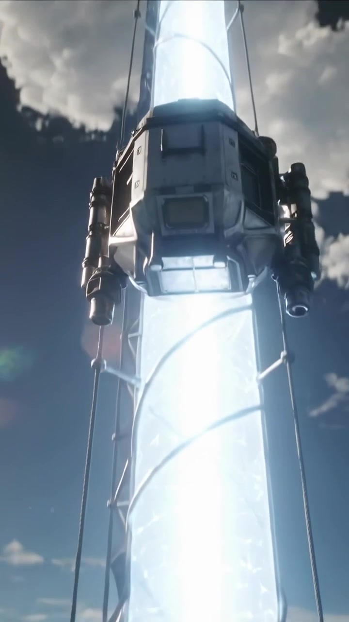 Vertical video: Camera pulling capsule climbing beam above clouds rising skyward with spiral cables