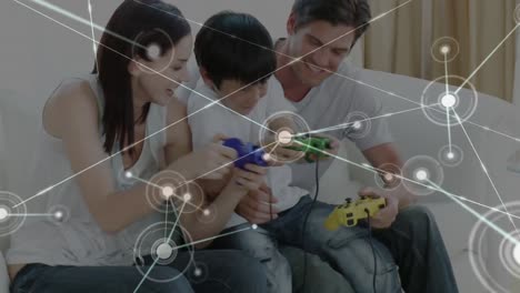 animation of a caucasian family playing a video game over a web of connections in the background.