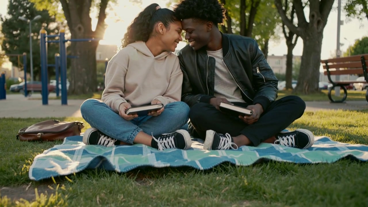 Meeting eyes park couple in beige hoodie leaning touching foreheads holding books showing love
