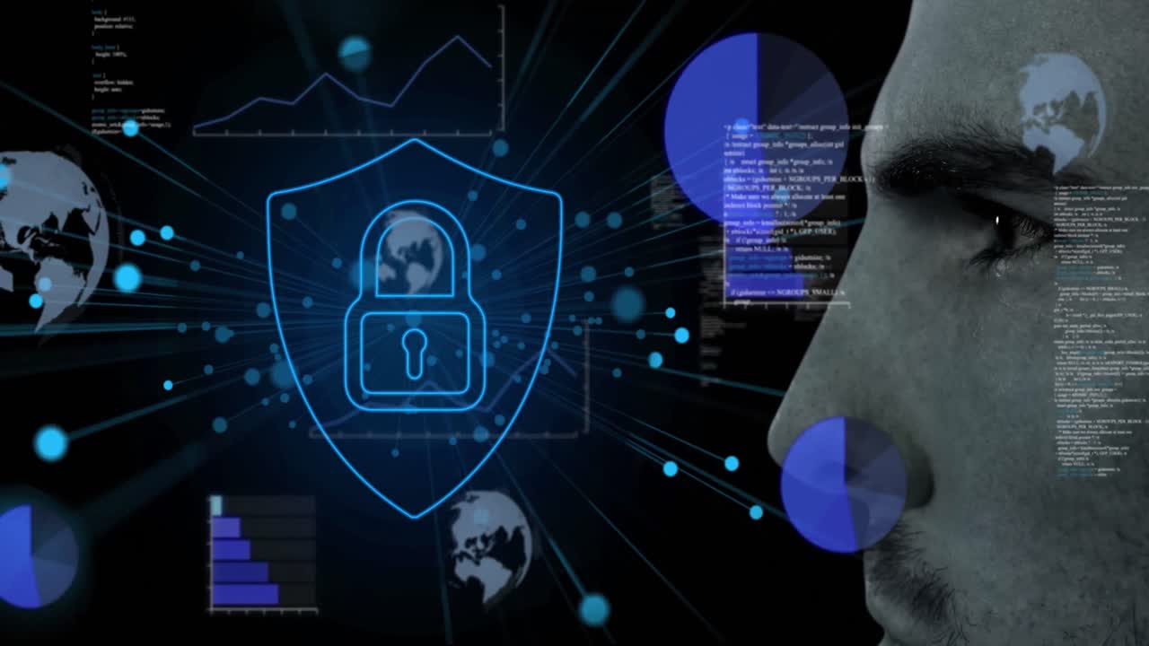 animación de la interfaz digital y el procesamiento de datos con candado de seguridad en línea sobre el hombre