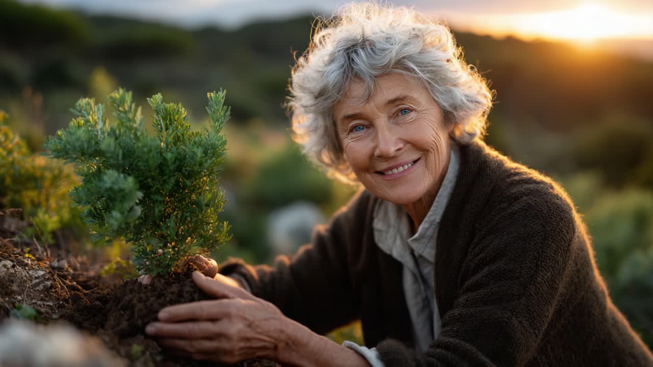 An Elderly Woman Nurtures a Young Plant in a Lush Landscape at Sunset, Representing the Joy of Gardening and Connection with Nature