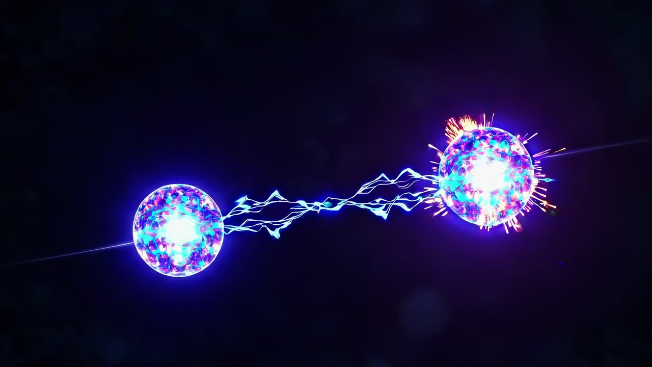 양자 구는 강렬한 에너지를 교환하고, 동적 긴장을 구축하여, 은 검은 배경에 대한 활기찬 폭발적 상호 작용으로 이어지며, 복잡한 물리학 현상을 시각화합니다.