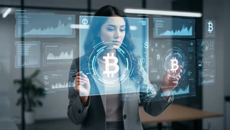 a professional woman engaging with futuristic technology displaying cryptocurrency data in a modern office environment