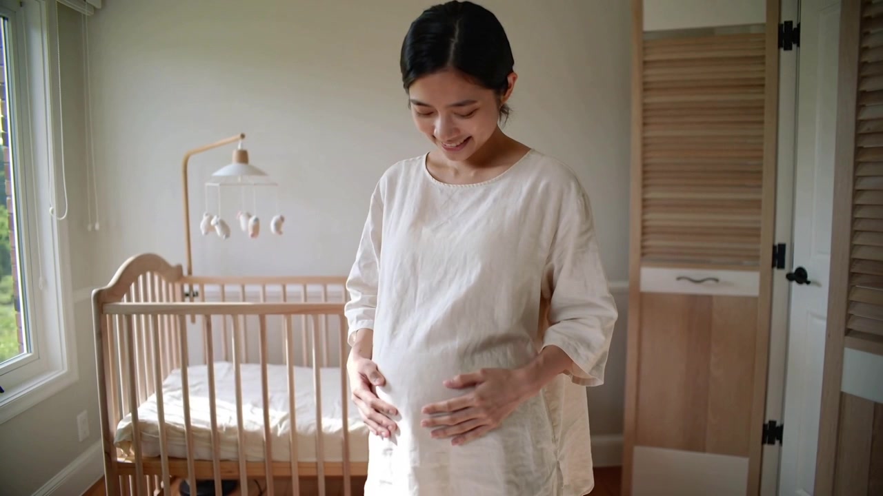 育児室でマタニティドレスを着た笑顔の妊婦が、ベビーベッドのそばで赤ちゃんのためにお腹を優しく抱えている様子をカメラがパンして映し出す。
