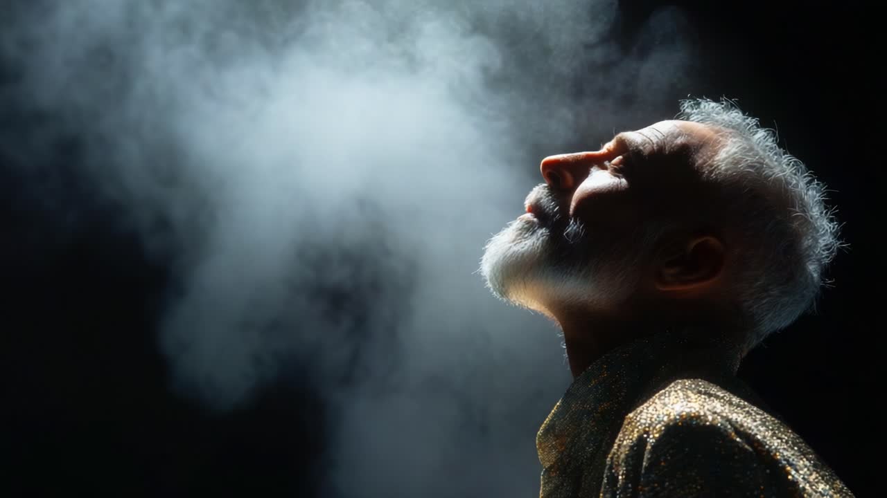 A contemplative figure shrouded in ethereal smoke, radiating an aura of introspection and serenity, illuminated against a dark backdrop, capturing a moment of quiet reflection