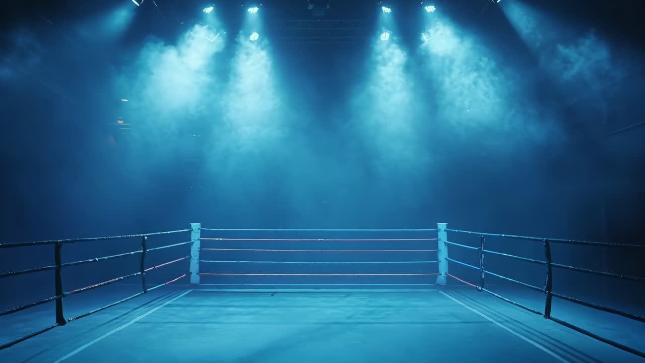 A boxing ring with spotlights shining through the fog