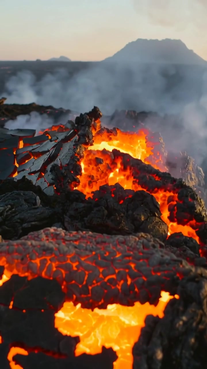 Vertical video: Brightening molten pockets forcing lava crust splitting at lava field, steam plumes