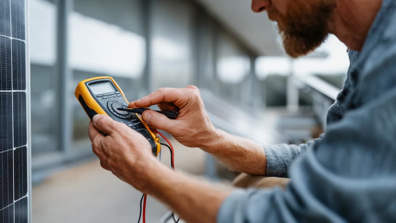 A Skilled Technician Using a Multimeter to Measure Voltage on a Solar Panel, Displaying Attention to Detail and Expertise in Renewable Energy Technology
