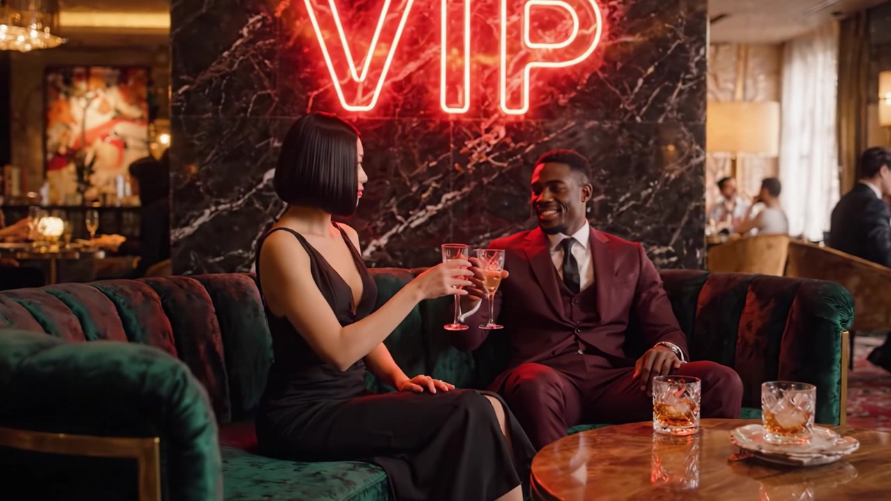 Une soirée élégante dans un salon VIP luxueux où deux invités chics savourent des cocktails et conversent sous une enseigne néon saisissante.