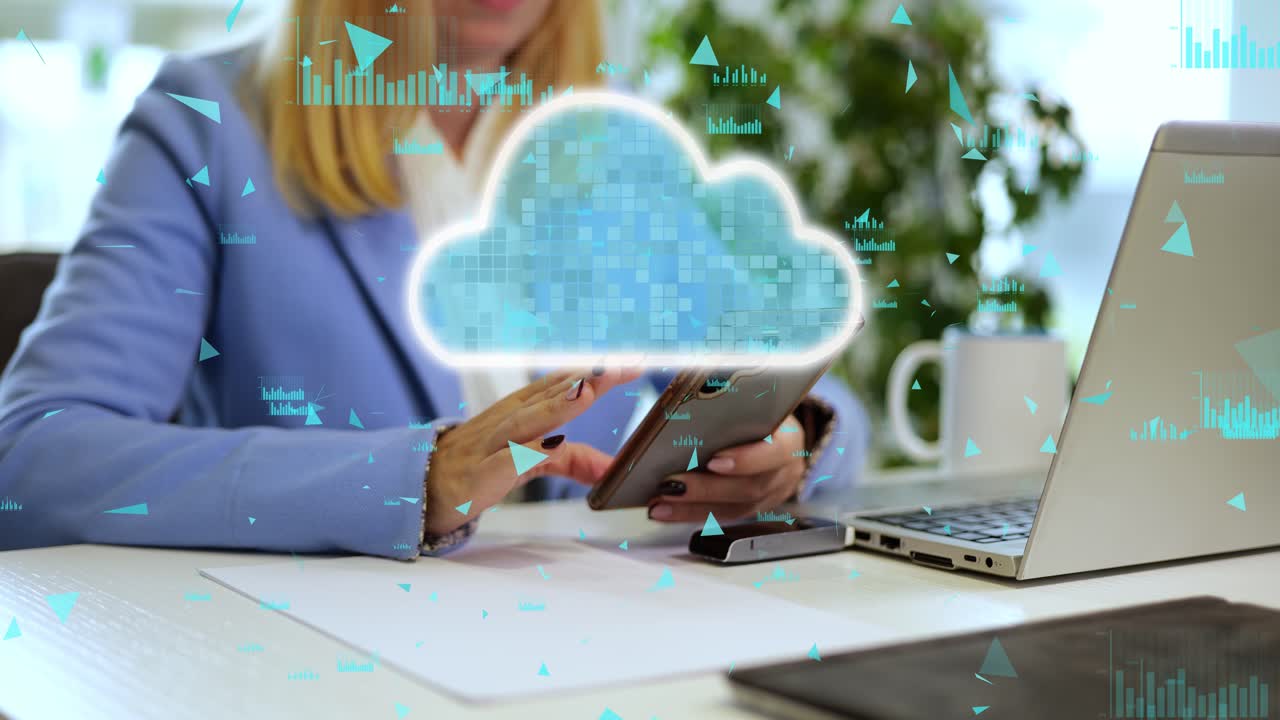 A young professional woman uses a smartphone at work, uploading data to the cloud, showcasing modern digital connectivity. 3D render