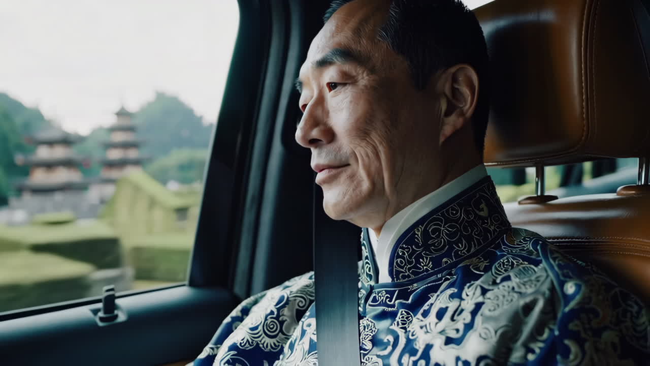 正式な服を着た上級男性が車の窓から景色の良いアジア風景を眺めています