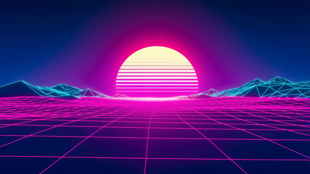 Synthwave Retro Horizon with Neon Grid and Mountains